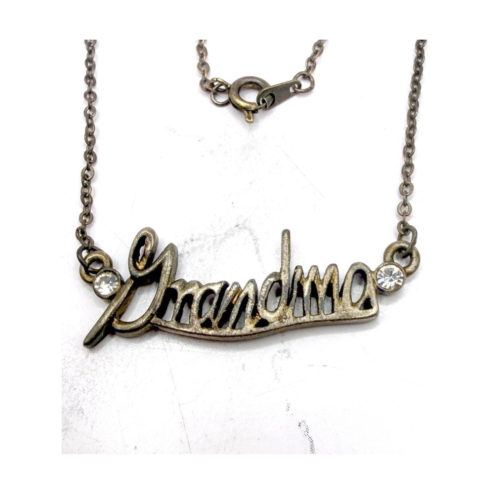 Vintage Grandma Gold Tone Necklace 16" Script Pendant Clear Stone Accent